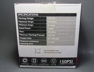 Picture of back of Audew Portable Air compressor box. Chart with specifications